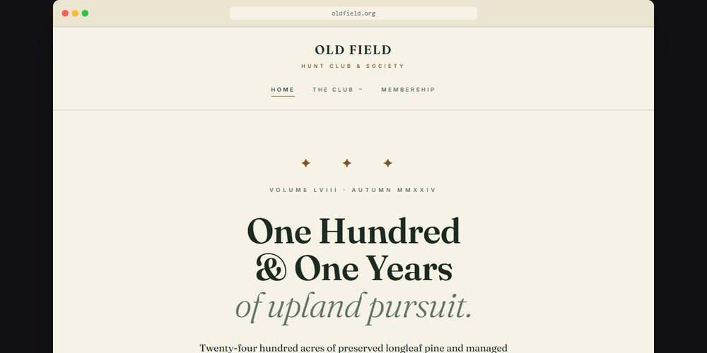 Old Field, a concept hunt club site from our design range page, in a classic serif style