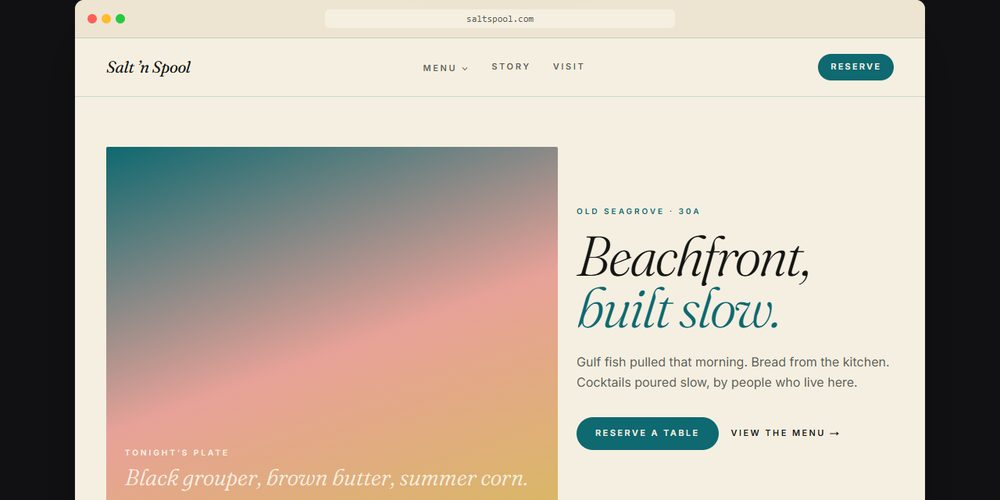 Salt n Spool, a concept restaurant site from our design range page, with a teal and cream look